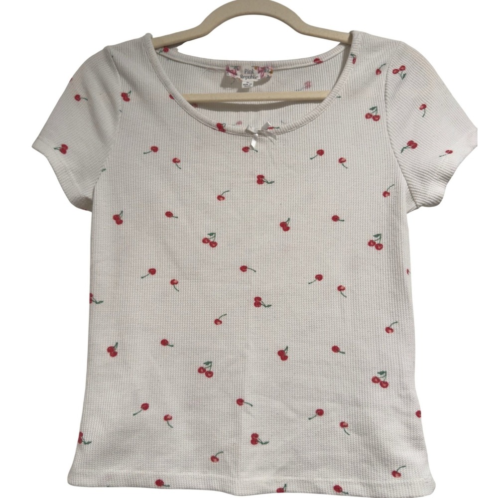 Pink Republic‎ Cherry Print Waffle Knit Short Sleeve